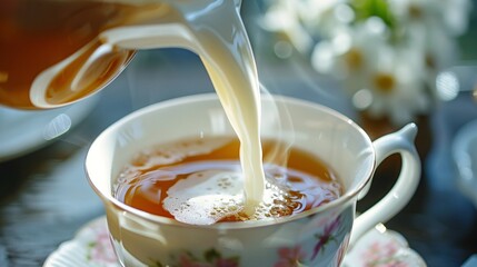 A cup of tea with milk being added. - obrazy, fototapety, plakaty