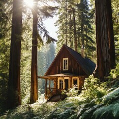 cabin in the woods A quaint wooden cottage nestled amidst a dense forest of towering redwood trees,