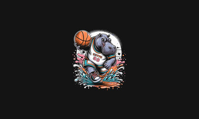 hippo playing basket ball vector artwork design