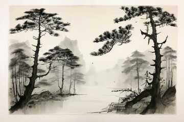 Chinese ink painting art background elegant tranquil landscap