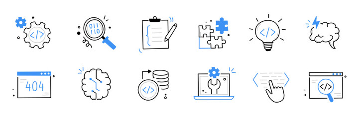 Software code icon doodle set. Hand drawn line sketch software coding doodle. Computer program build technology, data operate, application product test icon. Program build vector illustration - obrazy, fototapety, plakaty