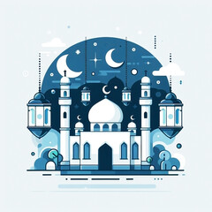 Illustration flat art ramadan and eid modern design postcard at sun set