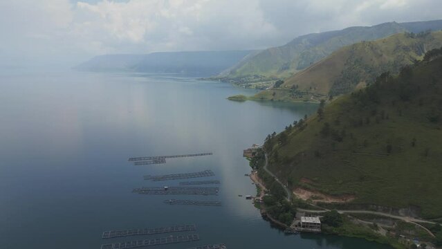 Aerial flight over the Lake Toba, Danau Toba, North Sumatera, Indonesia.