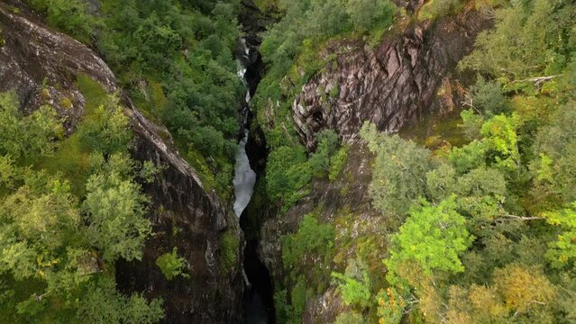 river flows through a rocky crevice in a green forest, norway, europe, drone