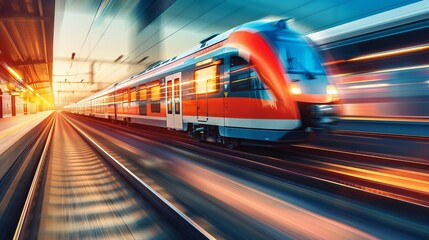 Fototapeta na wymiar High-Speed Electric Train in Motion at Sunset, Vibrant Colors, Blurred Motion, Urban Transit