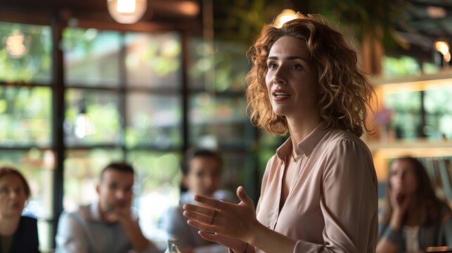 A confident businesswoman delivering a presentation to colleagues, inspiring them with strategic insights, Female manager