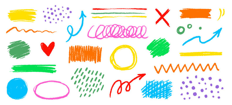 Crayon color pencil texture brush stroke element. Children crayon color brush stroke texture arrow, circle, underline shape. Hand drawn childish chalk pencil scribble. Vector illustration.