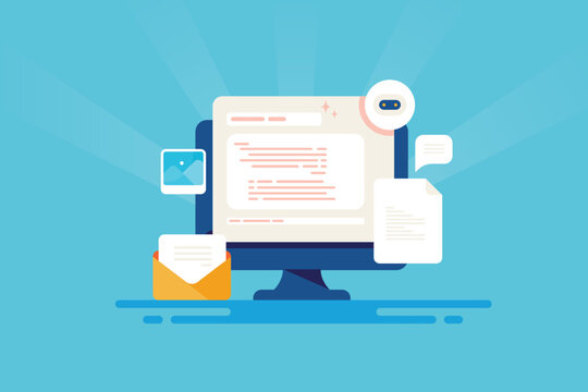 AI content software creates content for marketing activity instantly with input of command, artificial intelligence technology for business solution, vector illustration.