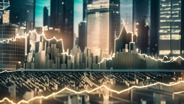 visualization of stock market fluctuations depicted  against a backdrop of skyscrapers 