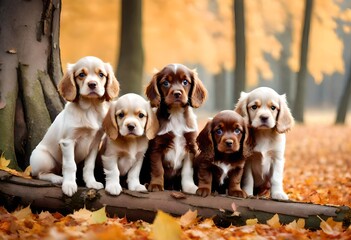 isolated Dogs in the park on tree stump in autumn season in a park with yellow tall trees in the background,  Autumn Season - obrazy, fototapety, plakaty