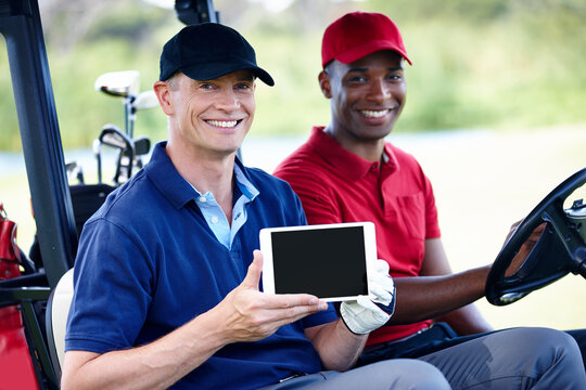 Happy, people and tablet with course on golf from personal trainer or coach for learning sport and game. Training, app and portrait with tech for teaching online lesson or tutorial from professional
