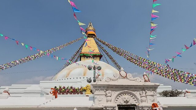Large emblematic Stupa with eyes and prayer flags. Boudhanath, Khasti Chaitya and Khasa Chaitya is a stupa in Kathmandu, Nepal