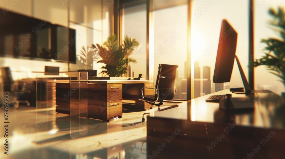 Poster a desk with a computer monitor and keyboard. office interior background
