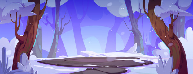 Naklejka premium Stone round battleground arena or podium in winter snowy forest. Cartoon vector landscape with rock circular platform surrounded by trees and ground covered with snow. Battle arena or magic portal.