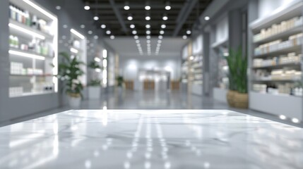 Abandoned store interior with empty shelves and potted plants