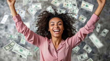 An African American woman in a pink shirt is surrounded by a pile of money - obrazy, fototapety, plakaty
