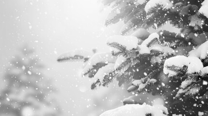 Obraz na płótnie Canvas Black and white snow on a pine tree with a blurred background