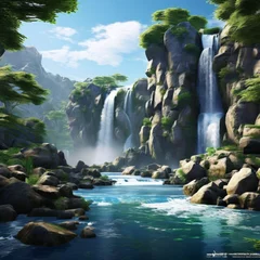 Fototapeten scene highlighting the beauty of a waterfall cascading © law