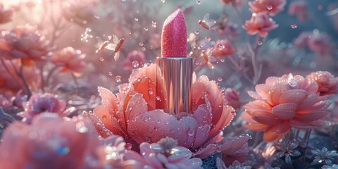 Enchanting 3D render of a magical, oversized lipstick with a blooming, rose-like bullet and tiny, fairy-like creatures dancing among the petals - obrazy, fototapety, plakaty