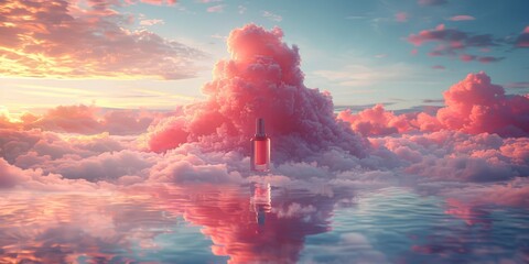 Surreal 3D render of a dreamy, cloud-like foundation bottle with a floating, mirror-like cap reflecting a serene, pastel-hued sky