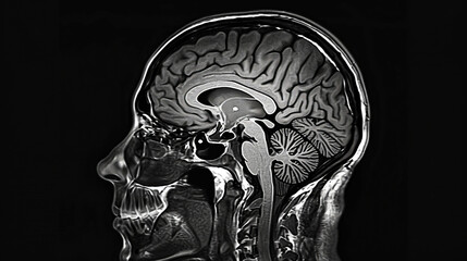 A high-contrast, monochromatic image showcasing a side view x-ray of a human skull with brain details visible