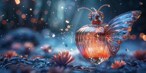 Obraz na płótnie Canvas Surreal 3D render of a whimsical, floating perfume bottle with delicate, butterfly wing-like glass and a swirling, iridescent fragrance mist