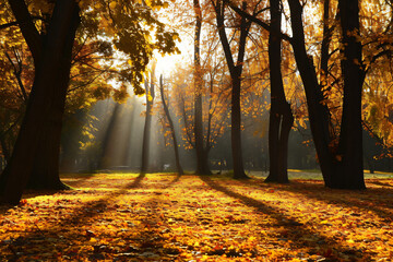 photo sunlight passing through autumn trees - obrazy, fototapety, plakaty