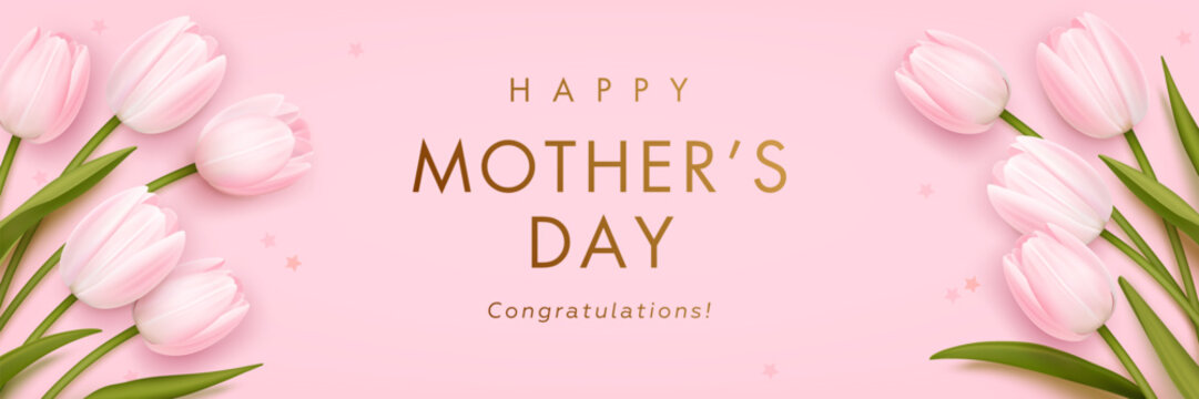 Mothers day horizontal billboard or web banner with realistic 3d pink tulips and golden text on pink background. Floral festive elegant wallpaper. Vector illustration