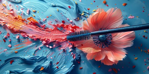 Whimsical 3D render of a fantastical, oversized mascara wand with a blooming, flower-like brush and playful, petal-shaped fibers