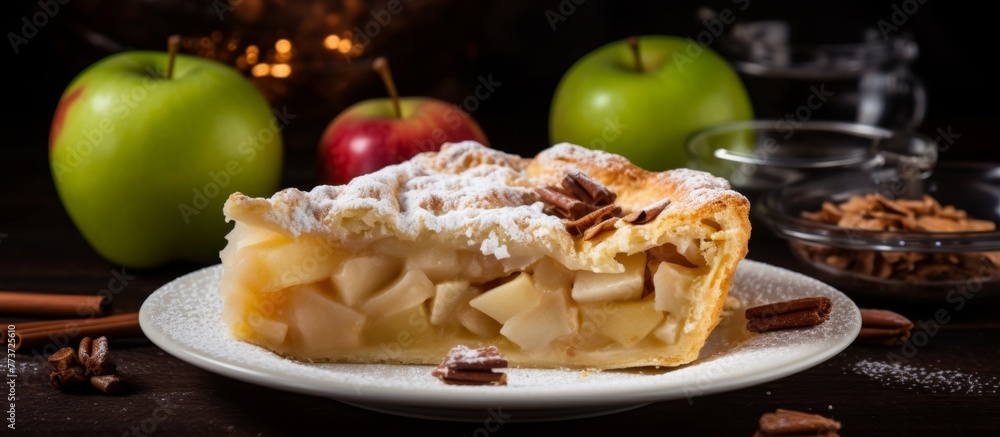 Poster a delicious slice of pie with a flaky crust resting on a white plate, surrounded by fresh apples in 