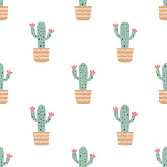 Cute cacti in boho style. Cactus seamless pattern. Trendy boho background. Cacti fabric print design. Succulent textile. Flat design, doodle style, white background