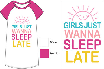 Girls wanna sleep late slogan graphic women's nightwear long shirt print vector artwork with flat sketch of color block long t-shirt - obrazy, fototapety, plakaty