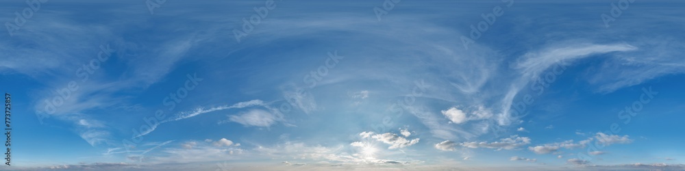 Sticker blue skydome 360 hdri panorama with twilight clouds before sunset in equirectangular format with zen