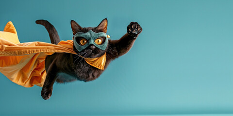 Obraz premium Funny black tabby kitty with a blue cloak and mask jumping and flying on light blue background with copy space place for text. Superhero cat pet concept