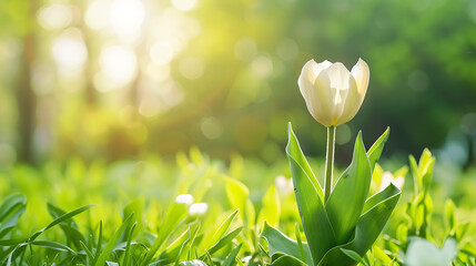 A single blooming flower in a field of greenery symbolizes growth and renewal on Earth Day, sunlight in background