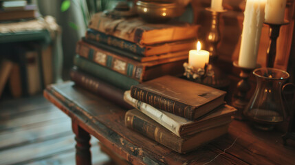 Peaceful and nostalgic composition with an assortment of antique books and glowing candles on a table