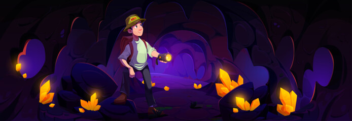 Man tourist or explorer with backpack and flashlight in dark cave with golden crystals. Cartoon vector illustration of person in underground cavern with treasure or gold mine. Dungeon with gem cluster - obrazy, fototapety, plakaty