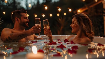 Couple in spa bath with wine. Happy man and woman relaxing with glass of champaign and candlelight, rose petal in hot tub swimming pool. Romantic honeymoon holiday vacation travel luxury resort hotel.