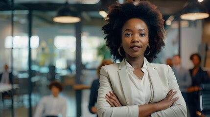 Attractive young african american business woman working at modern creative office, happy confident female leader manager wearing a suit standing outside conference room. - obrazy, fototapety, plakaty