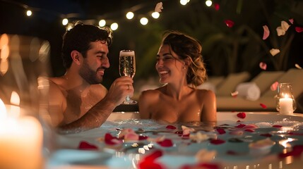 Couple in spa bath. Attractive man and woman relaxing with wine champaign candle in hot tub pool, romantic honeymoon vacation at luxury resort hotel. - obrazy, fototapety, plakaty