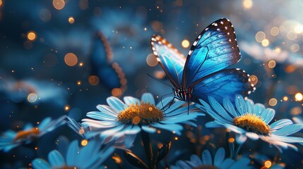 colorful blue tropical morpho butterflies on delicate daisy flowers painted with oil paint - obrazy, fototapety, plakaty