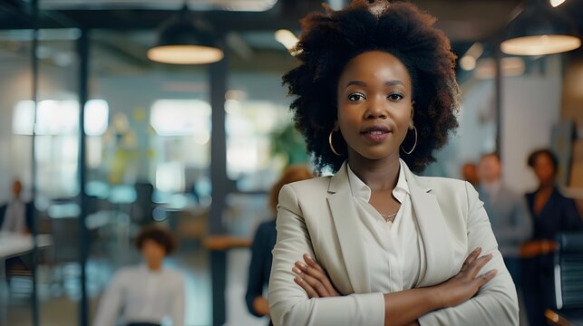 Attractive young african american business woman working at modern creative office, happy confident female leader manager wearing a suit standing outside conference room.
