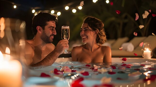 Couple in spa bath with wine. Happy man and woman relaxing with glass of champaign and candlelight, rose petal in hot tub swimming pool. Romantic honeymoon holiday vacation travel luxury resort hotel.