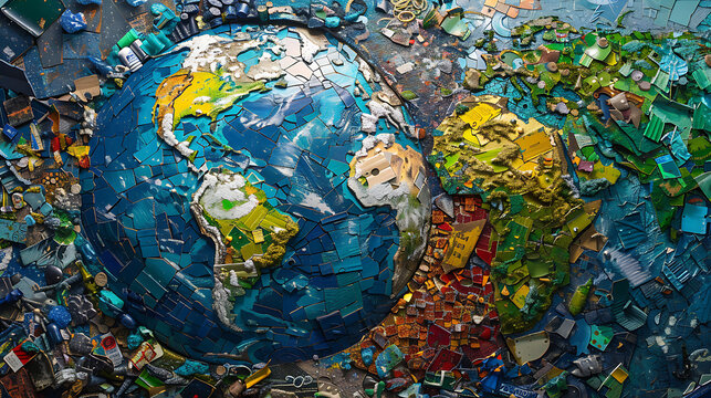 Earth golbe made of recycled materials, emphasizing the importance of sustainability and environmental consciousness