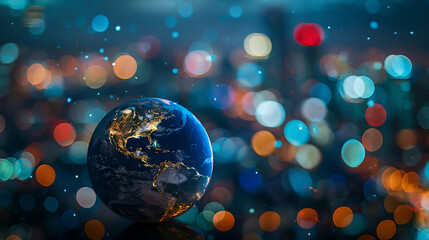 Planet Earth against a backdrop of blurred city lights bokeh lights business, politics, ecology, and media on a global scale concept - obrazy, fototapety, plakaty