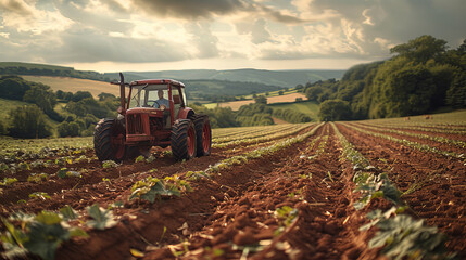 Farmers' tractors are working in the fields.