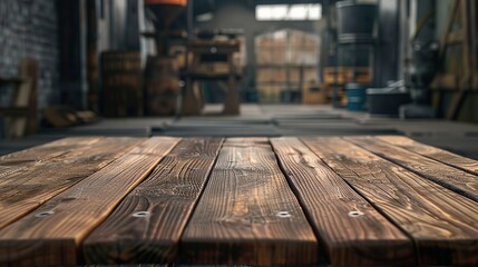 Wooden table top with copy space. Industrial area background. copy space for text.
