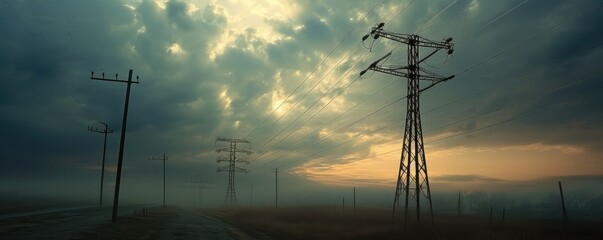 Power lines in a dramatic sunset sky - obrazy, fototapety, plakaty