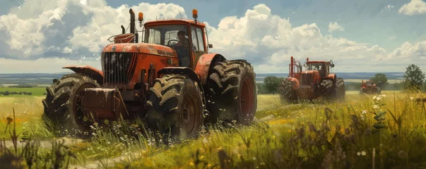 Fotobehang Tractors in a sunlit agricultural field © Juraj