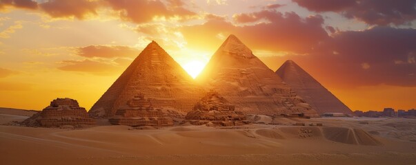 Ancient Egyptian pyramids at sunset - obrazy, fototapety, plakaty
